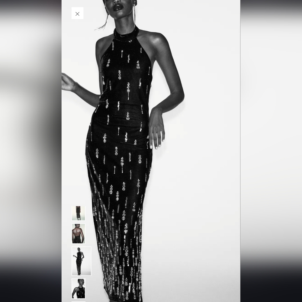 Zara Elegant Black Sequin Velvet Maxi/midi Dress